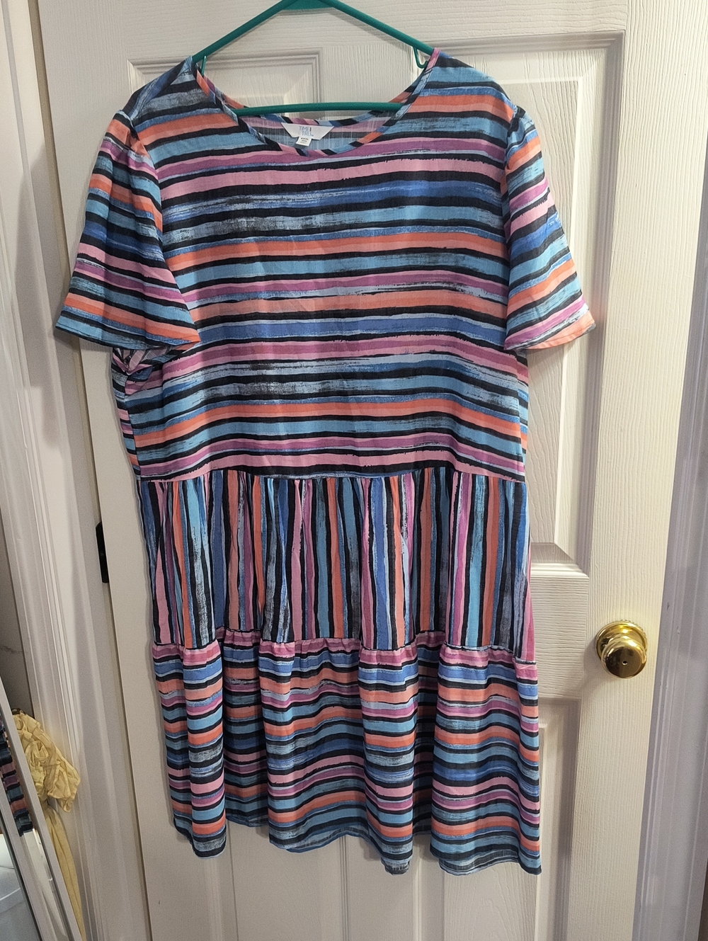 Time and Tru Short-Sleeve Tiered Striped Dress - Pink, Blue & Black